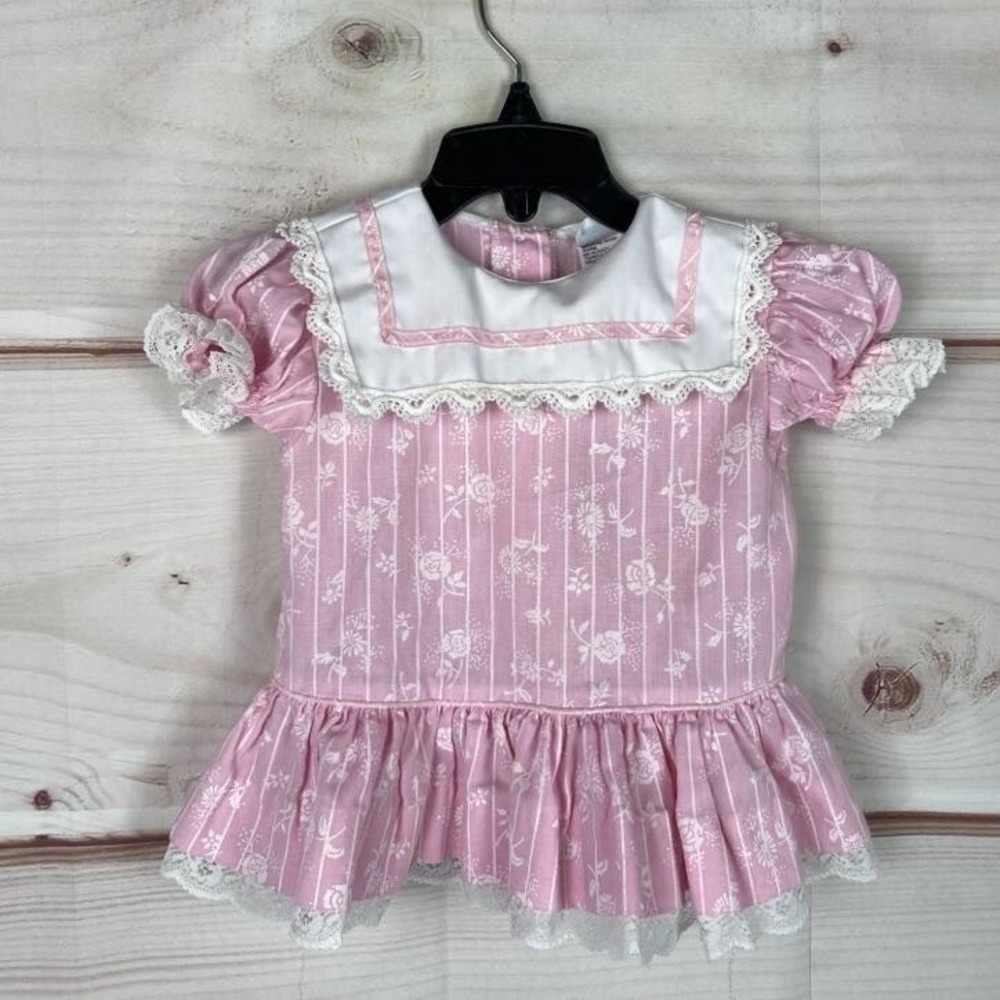 Vintage Bryan Dress Baby 12M Pink Floral Print Lace Trim Short Sleeve Collared